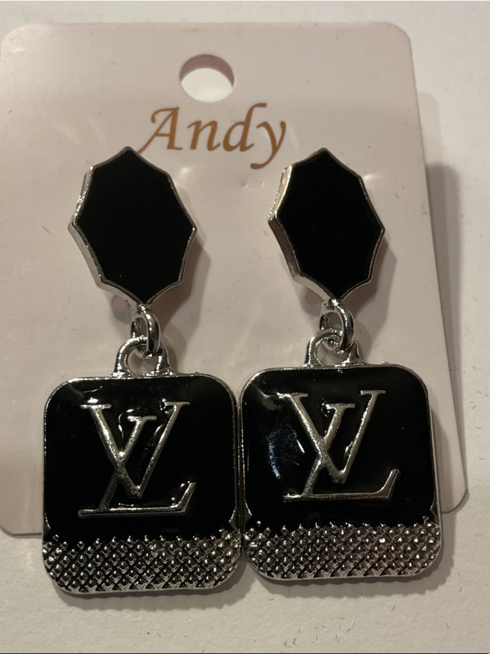 Black Enamel Drop Earrings with Silver-Tone Accents